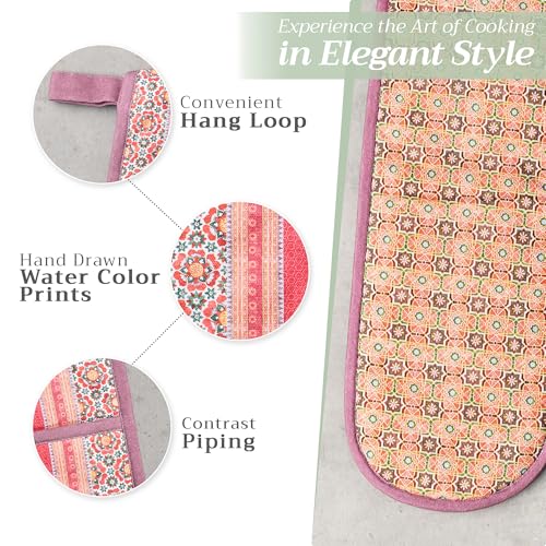 Double Oven Mitts 100% Cotton Double Oven Glove (075 - Ispahan / 7" x 35" (Double Oven Mitt))