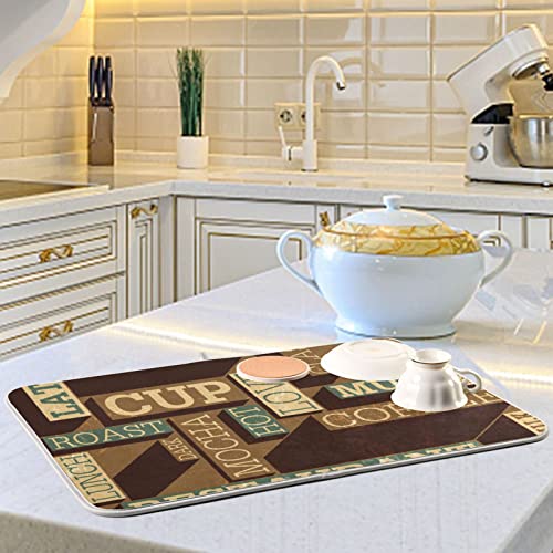 Super Absorbent Dish Drying Mat (Coffee Themed Seamless Retro / 18" x 24")
