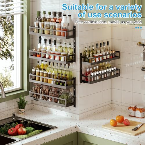6-Tier Wall-Mounted Spice Rack Organizer with Mixed Basket Sizes, Height-Adjustable Hanging Spice Shelf for Kitchen Pantry Cabinet, Large-Capacity Seasoning Holder, Black