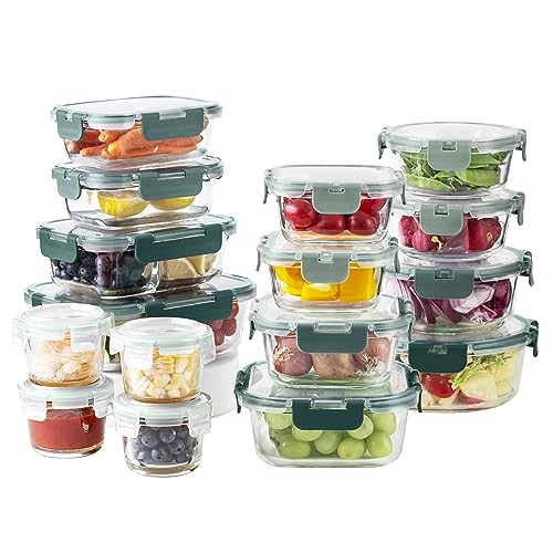 Premium 32 Pc. Borosilicate Glass Food Container Set with Dividers (Ombre Green)