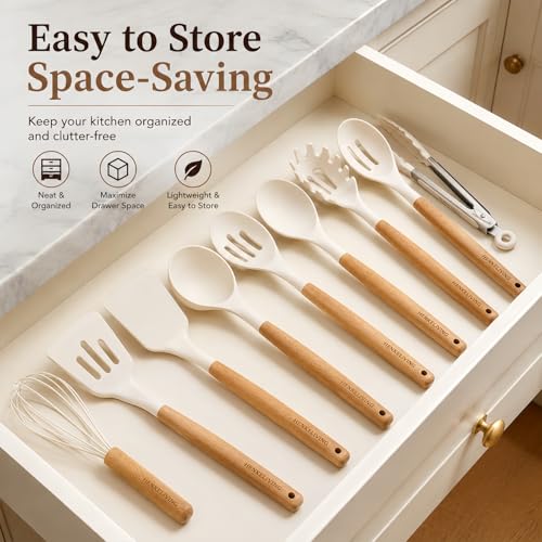 Silicone 10 Pcs Kitchen Cooking Utensils Set (CreamWhite)