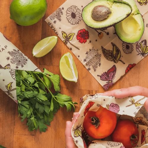 Beeswax Food Wraps (Meadow Magic / 2 Large & 3 Medium)