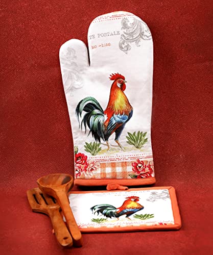 Oven Mitts and Pot Holders Sets Heat Resistant (7x13 inches & 8x8 inches / Farm Rooster)