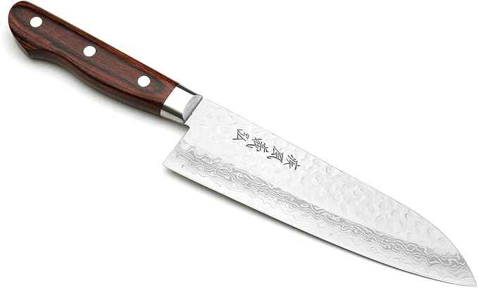 Yoshihiro VG10 16 Layer Hammered Damascus Stainless Steel Santoku Chefs Knife (7'' (180mm))
