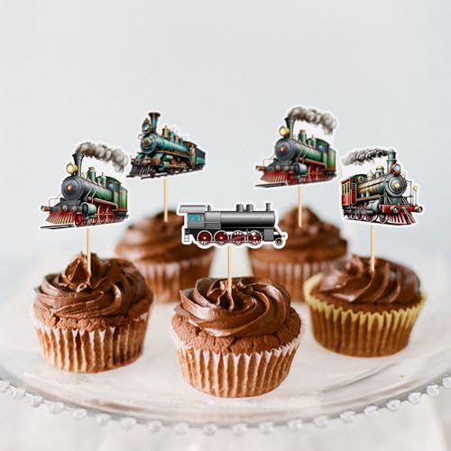 24Pcs Train Transportation Cupcake Toppers Vintage Locomotiv Cupcake Picks for Retro Train Boys Girls Birthday Party Baby Shower Cupcake Decorations Train Transportation Party Decors (Brown)