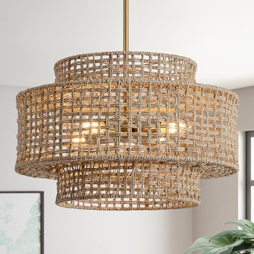 17.7" Rattan Chandelier for Dining Room (Gold / 17.7" 4-Light)