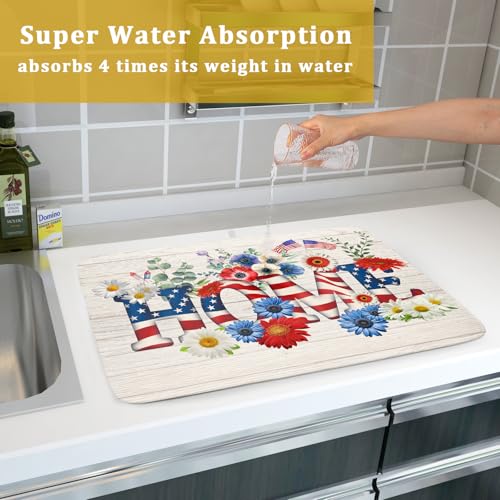 American Flag Dish Drying Mat Home Flowers Absorbent Dishes Pad for Kitchen Counter 18 X 24 In (Patriotic Home 605 / 24" x 18")