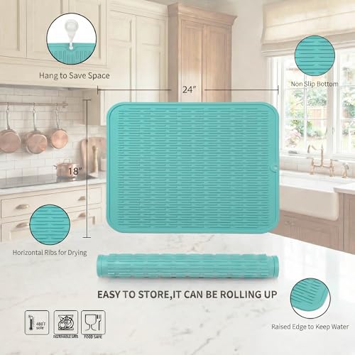 Silicone Dish Drying Mat for Multiple Usage (Mint / 24"L x 18"W)