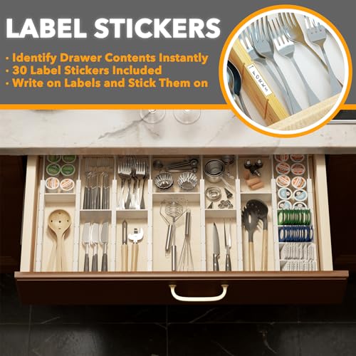 Bamboo Drawer Dividers with Inserts and Labels (2.35''H, 17''-22''L, 10 Dividers / WHITE)