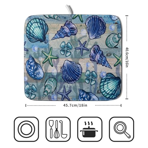 Starfish Seashell Dish Drying Mat 16x18 inch Coastal Beach Dish Drainer Rack Pad Absorbent Microfiber Fast Dry Kitchen Counter Accessories (Starfish Seashell / 16" x 18")
