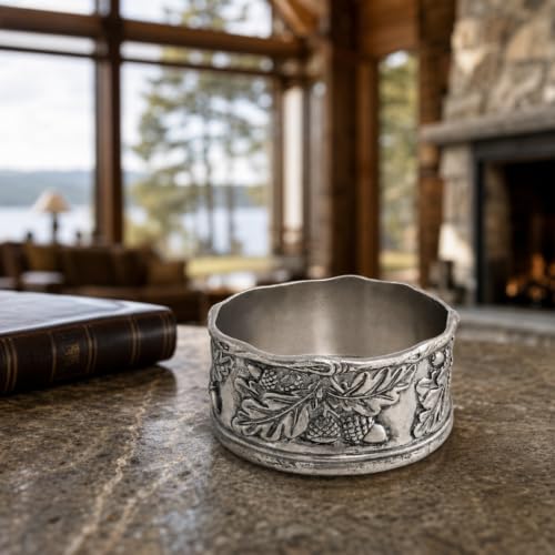 Wine Bottle Coaster Handcraft Pewter Acorn and Oak Leaf Pattern Heirloom Quality 5 inch Diameter x 2.25 inch Tall