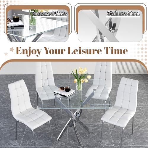 5 Piece Square Glass Dining Table Set (Silver Square Table/White Pu Chairs / 5 Pieces)