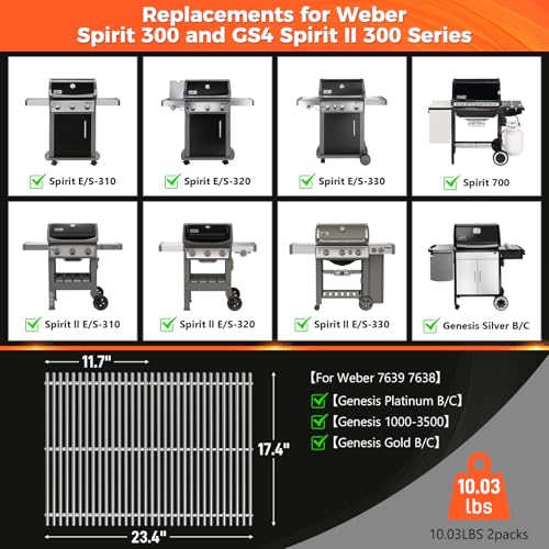 Grill Grates for Weber Spirit 300 and GS4 Spirit II 300 Series (17.4" x 11.7" 2 Pack)