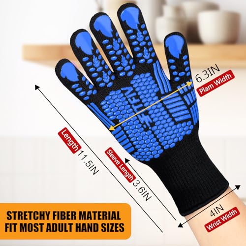 BBQ Gloves 1472°F Heat Resistant with Silicone Grip Oven Mitts (Blue-two / Short (Glove L 11.51" × Palm W 6.33"))