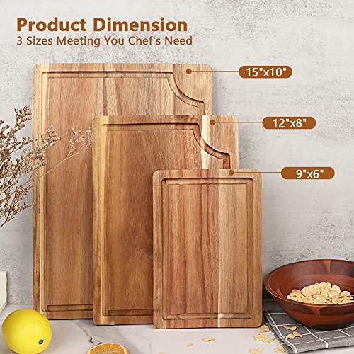 Acacia Wood Cutting Board Set with Juice Groove (15"L x 10"W / Light Brown)