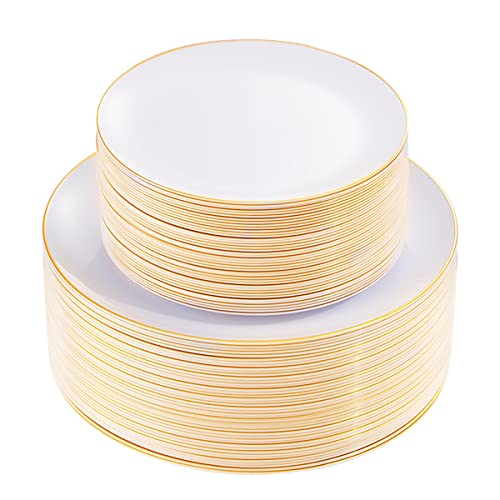100PCS White Plates with Gold Trim (Gold / 100 count)