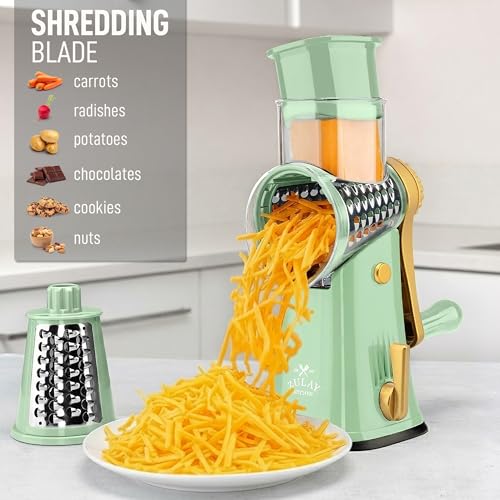 Rotary Cheese Grater Manual Hand Crank 5 Blade Shredder (5 Blades / Sea Foam & Gold)