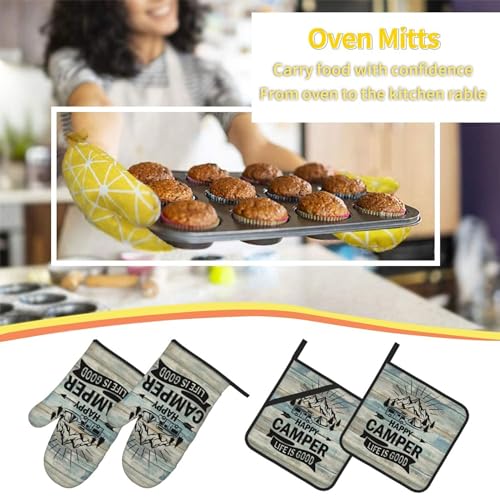 Happy Camper Oven Mitts and Pot Holders Sets of 4 (One Size / Happy Camper 2)