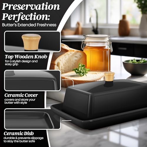 Large Ceramic Butter Dish with Lid for Countertop (Black / Large)