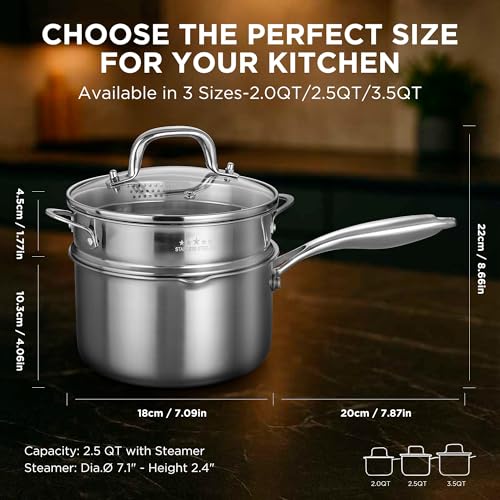 Tri Ply Stainless Steel Sauce Pan with Steamer Basket & Straining Glass Lid (2.5 QT)