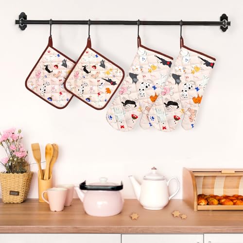 Cute Dog Oven Mitts and Pot Holders Set (Dogs / Oven Mitt x2 & Pot Holder x2)