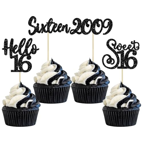 24Pcs Happy 16th Birthday Cupcake Toppers Glitter Hello 16 Sweet 16 Cupcake Picks 2009 Sixteen Old Birthday Cake Decorations for 16th Birthday Anniversary Party Supplies Black (24 Count)
