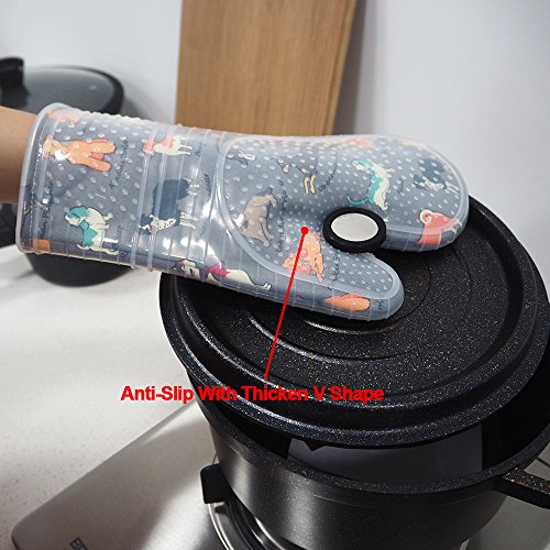 Oven Mitts with Transparent Clear Silicone Shell and Nice Dog Printing (Oven mitts / Gray)