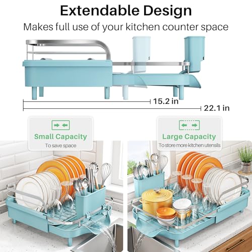 Expandable Dish Drying Rack for Kitchen Counter (Blue)