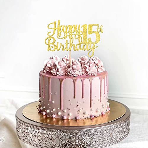 1 PCS Happy 15th Birthday Cake Topper Gold Glitter Cheers to 15 Years Birthday Cake Pick Mis Quince 15 Fabulous Cake Decoration for Happy 15th Birthday Theme Party Decorations Supplies (Gold / 15th)