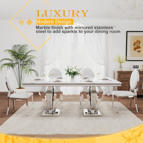 7 Piece Luxury Dining Room Set (Silver White + White / Dining Table + 6 Rund Chairs)
