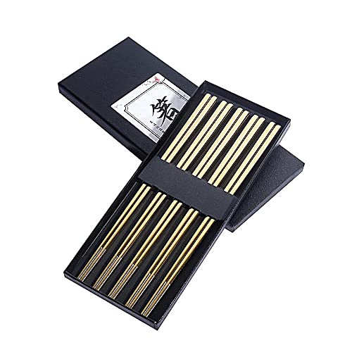 Metal Chopsticks Reusable Titanium Plated Stainless Steel Japanese Korean for Food & Cooking 9.5Inch Non (Gold)
