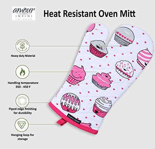 Oven Mitts Set of 1 Quilted Liner with Hanging Loop Non Slip (7x13 inches / Cup Cakes)