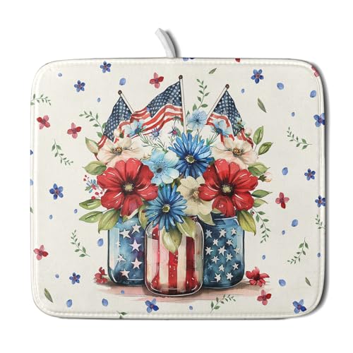 American Patriotic Floral Dish Drying Mat Flower Vase Drainer Rack Mats 16"x18" Absorbent Microfiber Dish Dry Pad for Kitchen Counter Sink (Patriotic Floral Vase / 16" x 18")