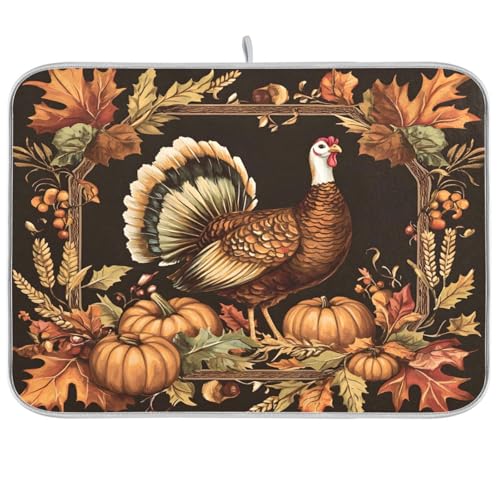 Thanksgiving Turkey Pumpkin Dish Drying Mat for Kitchen Counter Absorbent Microfiber Drying Pad (16" x 18")