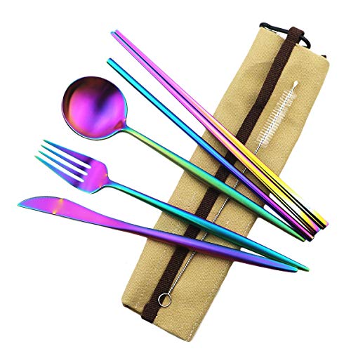 Reusable Travel Utensils (Khaki Pouch / Rainbow)