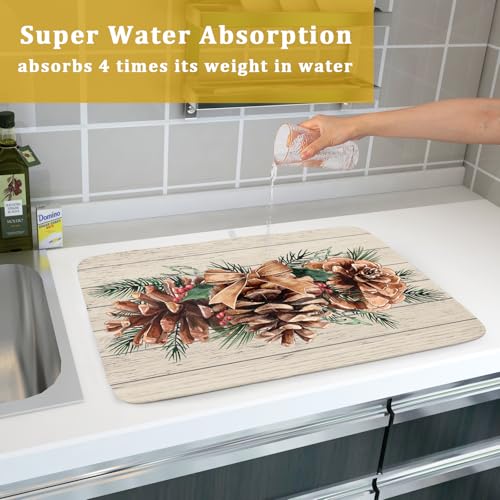Winter Pine Cone Dish Drying Mat Holly Berries Dish Draining Mat Microfiber Washable Dish Drainer Rack Mat for Home Kitchen Counter 18"x24" (Winter Pine Cone / 18" x 18")