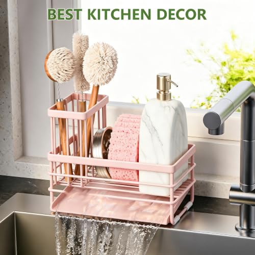 Pink Sink Caddy Sponge Holder for Kitchen with Brush Holder and Stainless Steel Self Drain Tray (8.26'' / Pink)