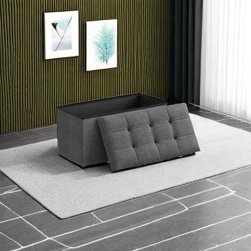 SONGMICS MAZIE Collection - 30 Inches Folding Storage Ottoman Bench, Ottoman Foot Rest, End of Bed Bench, Storage Chest, Load 660 lb, for Living Room, Bedroom, Entryway, Dark Gray ULSF47K