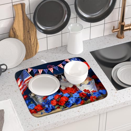 4th of July Dish Drying Mat Patriotic Cats Dish Drying Rack Mat for Kitchen Counter Small (Patriotic Cat Blue / 18" x 16")