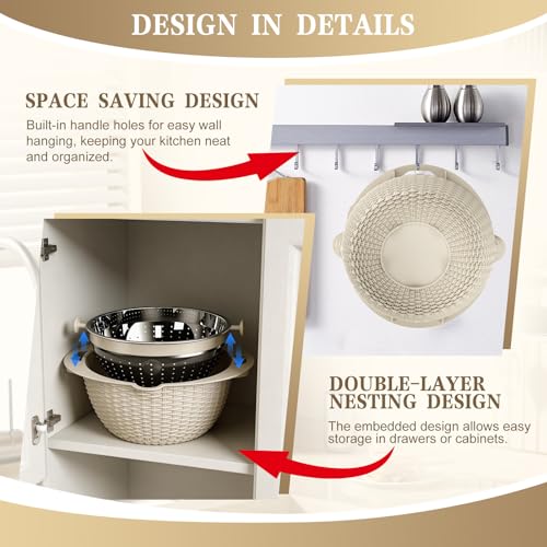 4-in-1 Colander with Bowl Set — Patented 360° Rotatable Strainer Bowl with 3 Graters, Snap-On Lid & Non-Slip Base, Funny Kitchen Present for Women, Aesthetic Pasta Fruit Vegetable Strainer (Beige)