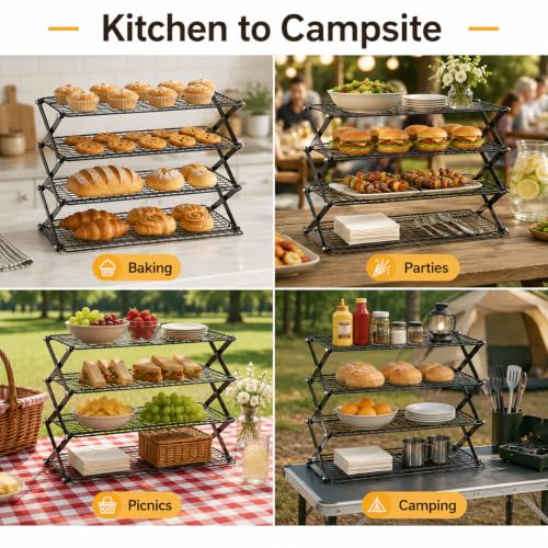 4 Tier Collapsible Cooling Rack with Adjustable 3 Setting Design Stackable Drying Wire Cooling Rack for Cooking and Baking