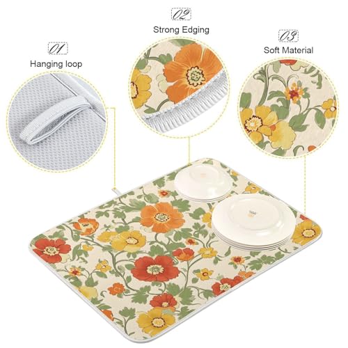 Retro Yellow Orange Flowers Dish Drying Mat for Kitchen Counter Absorbent Microfiber Drying Pad (16" x 18")