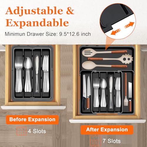 Expandable Silverware Drawer Organizer (Black / M(9.5-15.2"W x 12.6-19"D))