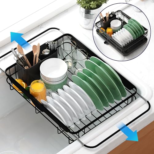 Dish Drying Rack for Kitchen Counter (Black / 12.2''W x 15.7''~23''L - 1 Tier)