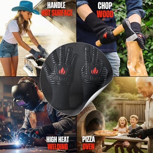 BBQ Grill Gloves Heat Proof for Men 932°F Grilling Fire Pit (Full Black / Mid Cuff - Medium Palm)