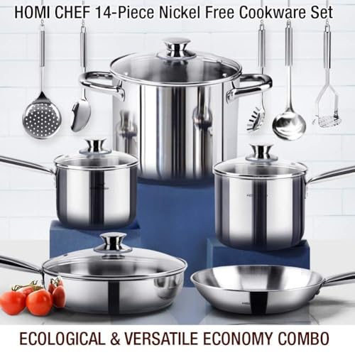 14 Piece Nickel Free Stainless Steel Cookware Set (Shiny SILVER - Mirror Polished - 6 Years Warrantv / 14 PCS - 4MM Thick 3-PLY Base)