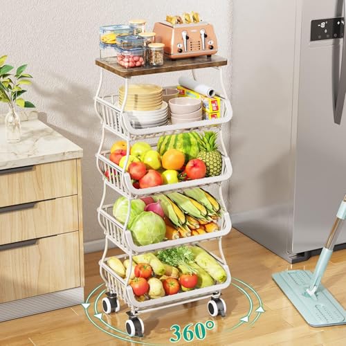 5 Tier Fruit and Vegetable Basket Stand for Kitchen (White / 5 Tiers)