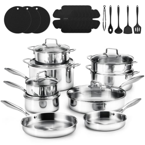 30 PCS Tri Ply Stainless Steel Cookware Set (Silver / 30 PCS)