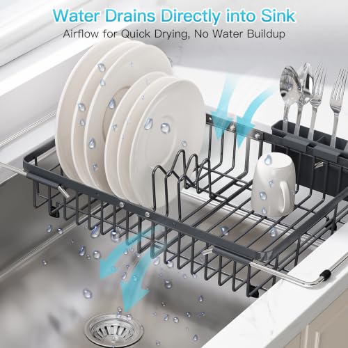 Gray Dish Drying Rack Over the Sink with Utensil Holder (Dark Gray / For 12.5"-30"w Sink, Expandable)
