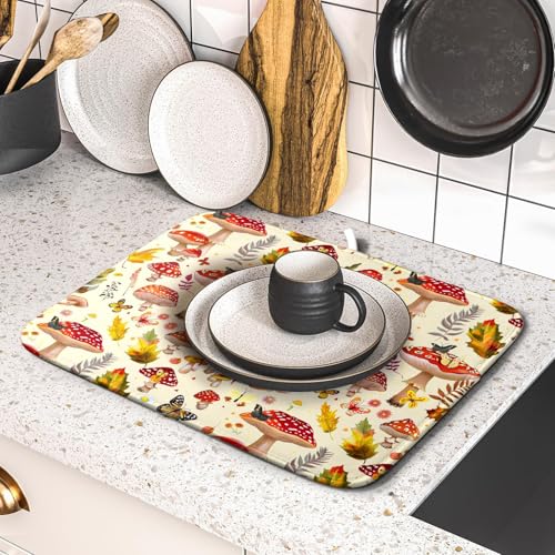 Forest Mushroom Dish Drying Mats Wild Plant Butterfly Kitchen Sink Rack Mats 16 X 18 Inch (Wild Plant - Multi / 18" x 16")